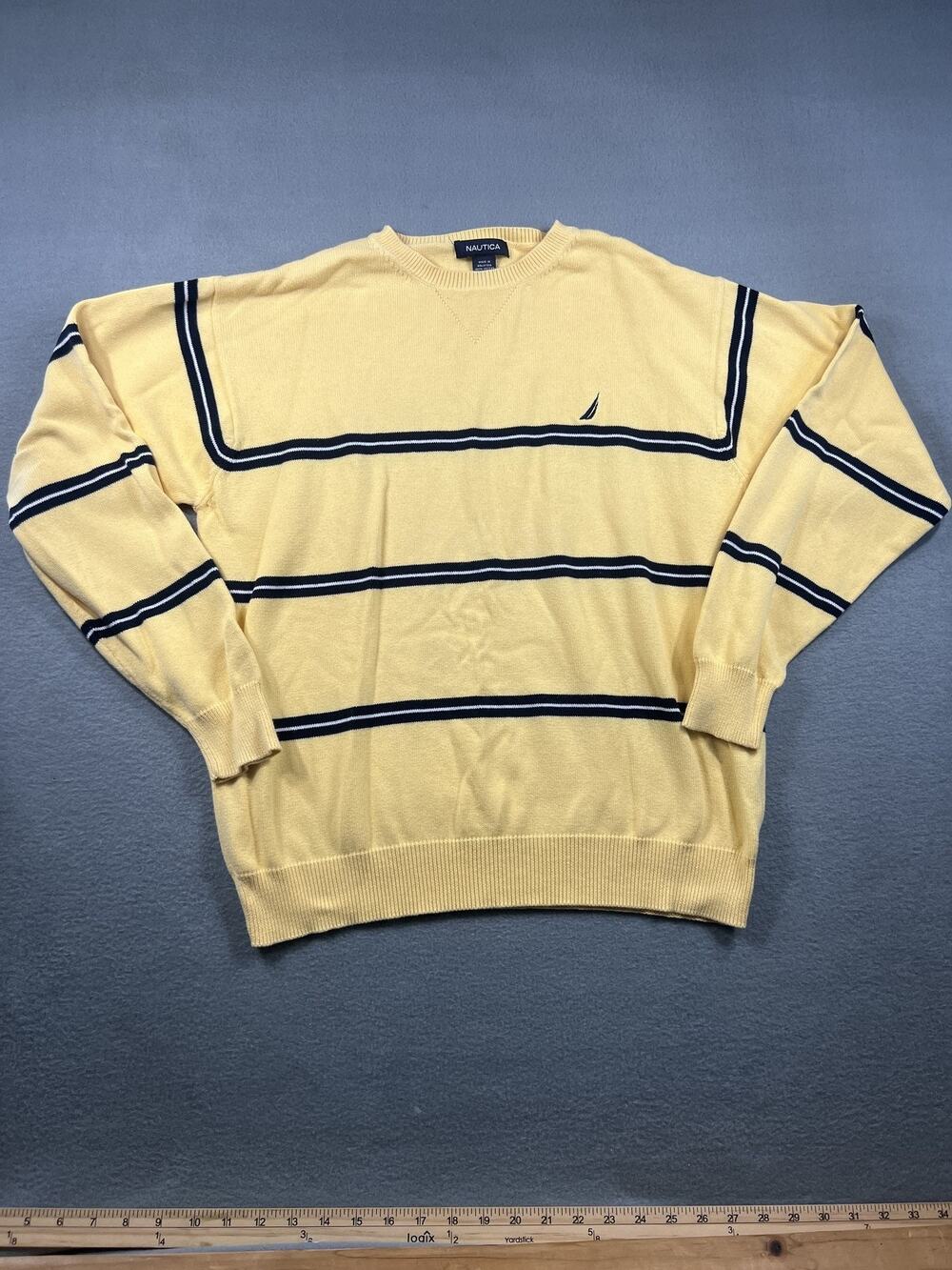 Vintage Nautica Yellow Striped Cotton Crewneck Sweater Mens Medium 90s Retro